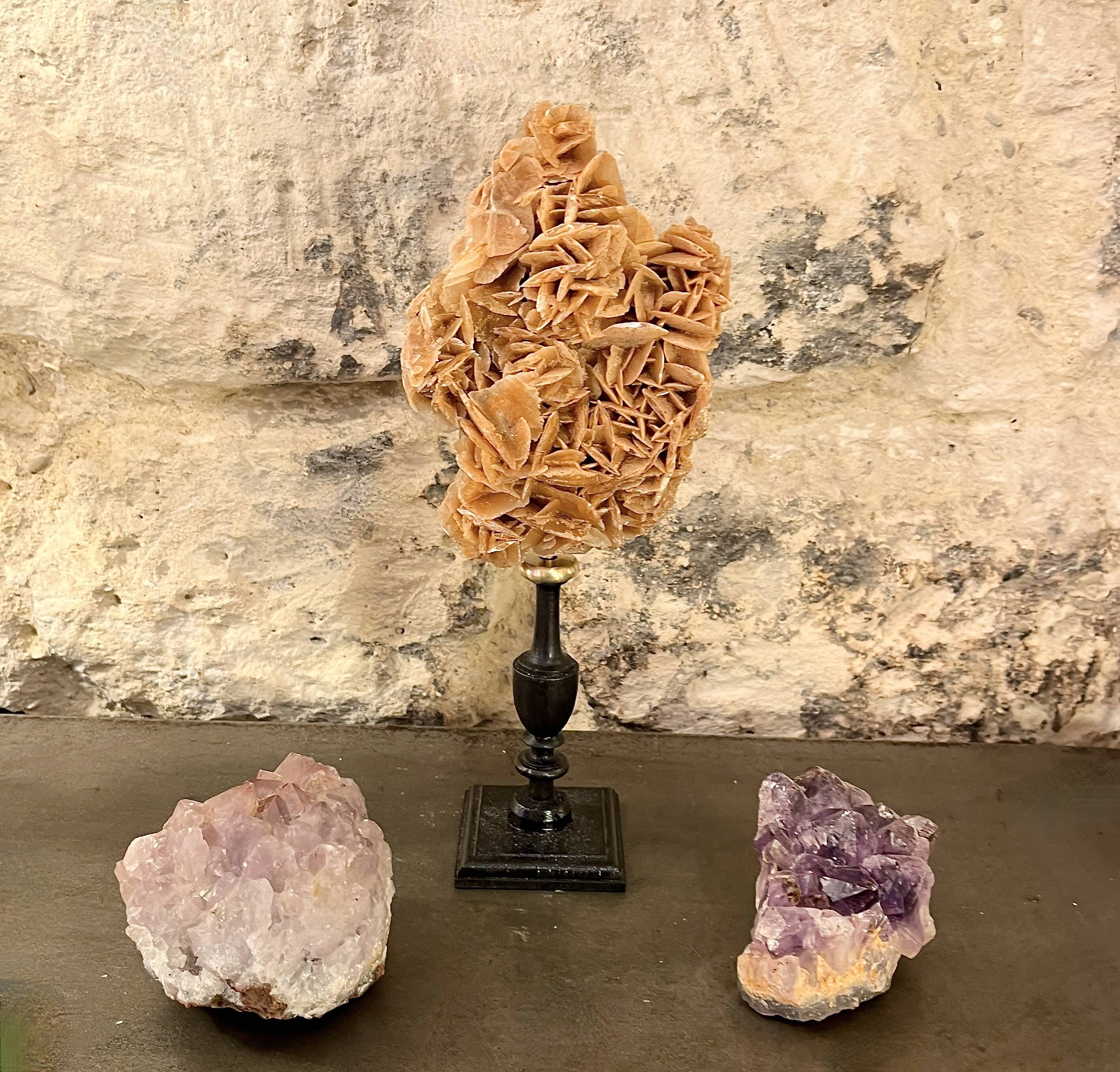 Sand rose on a turned black wooden base, late 19th century curiosities.