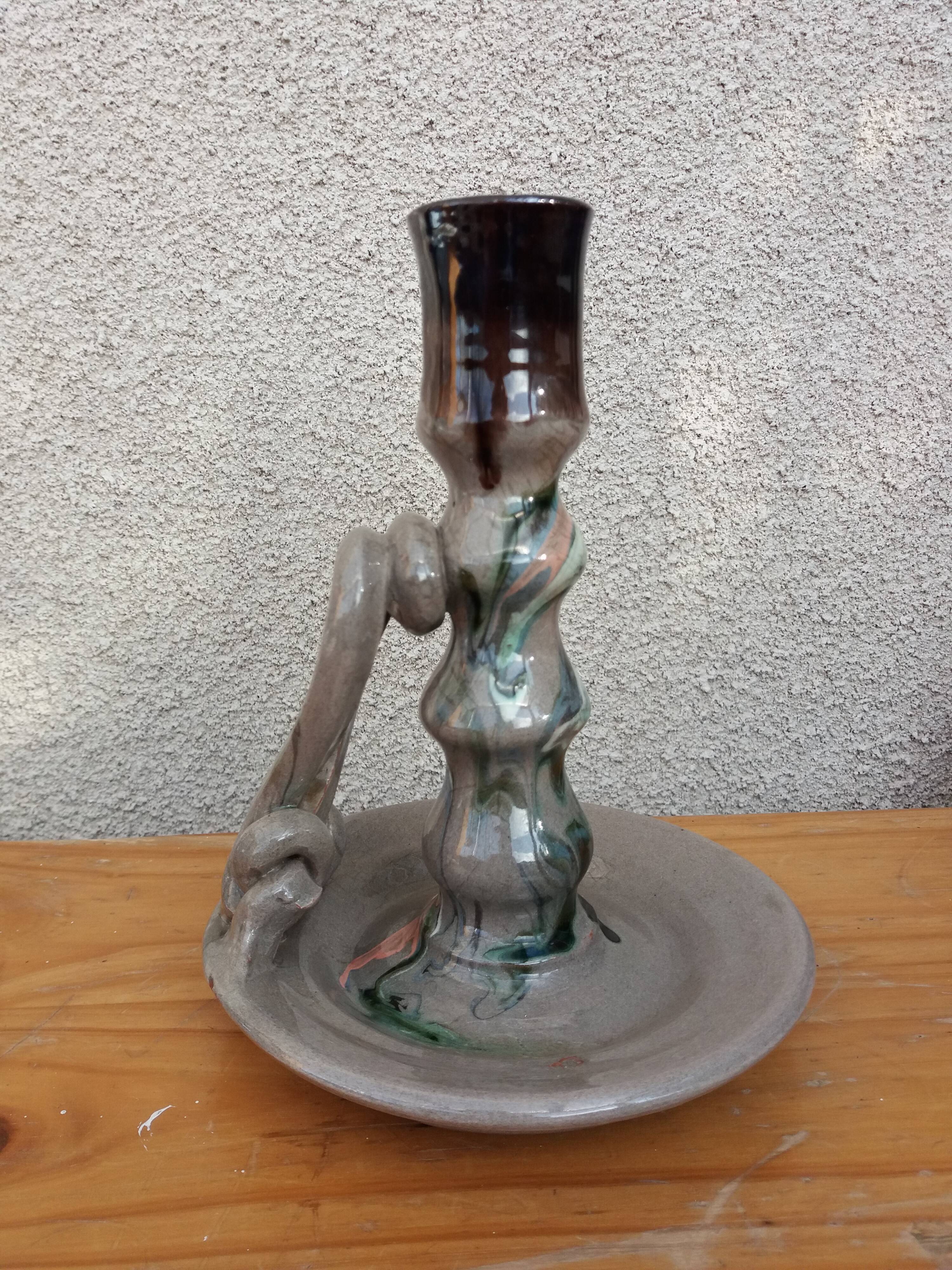 Marbled ceramic cellar rat candle holder signed