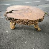 Brutalist coffee table in solid elm burl 108 cm diameter