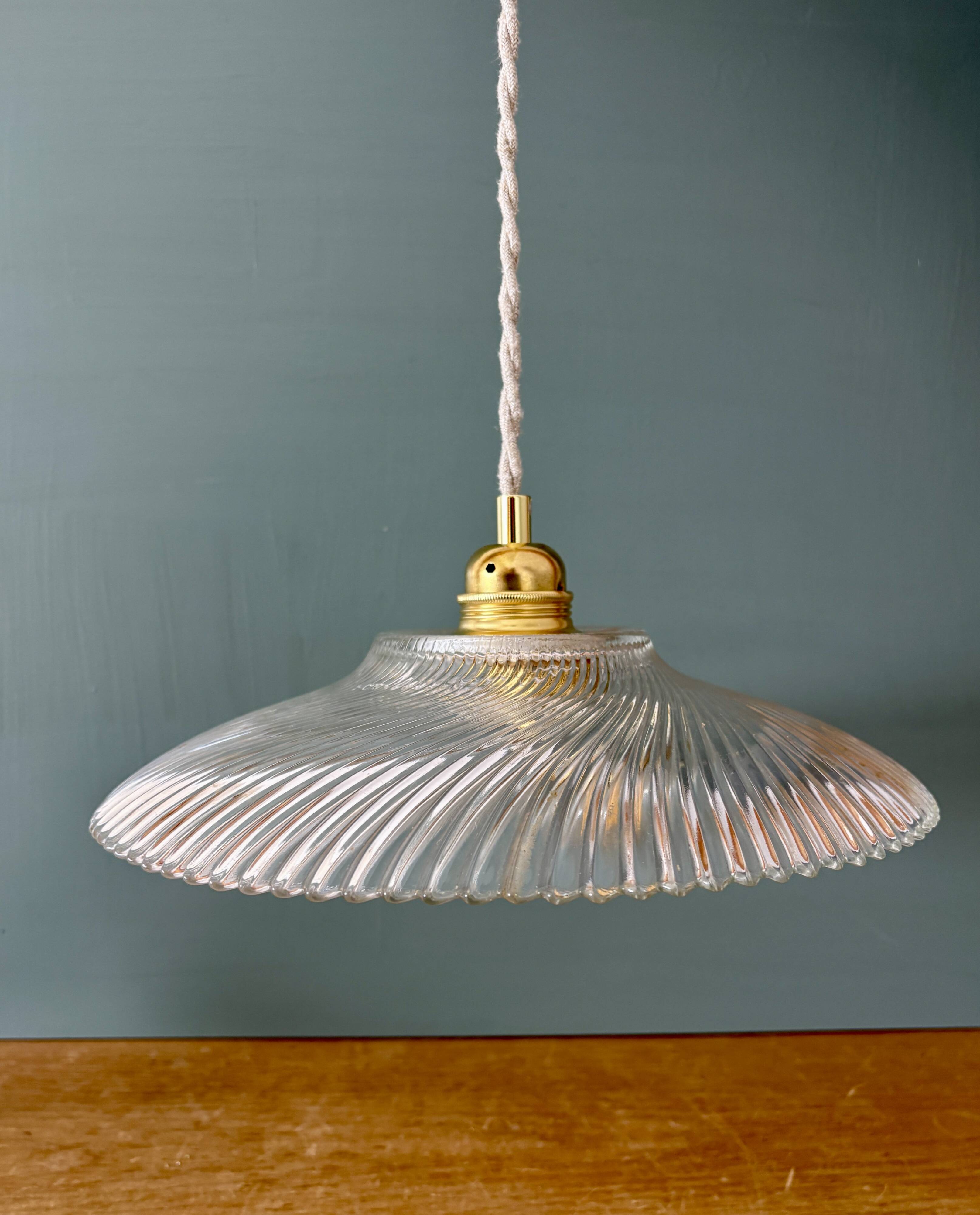 Vintage molded ribbed glass lampshade pendant light - tableware collection -