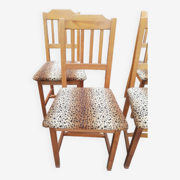 Set of 4 old vintage wooden chairs with leopard cheetah velvet