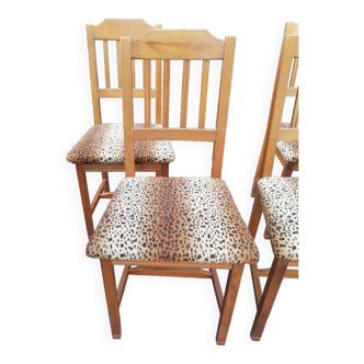 Set of 4 old vintage wooden chairs with leopard cheetah velvet
