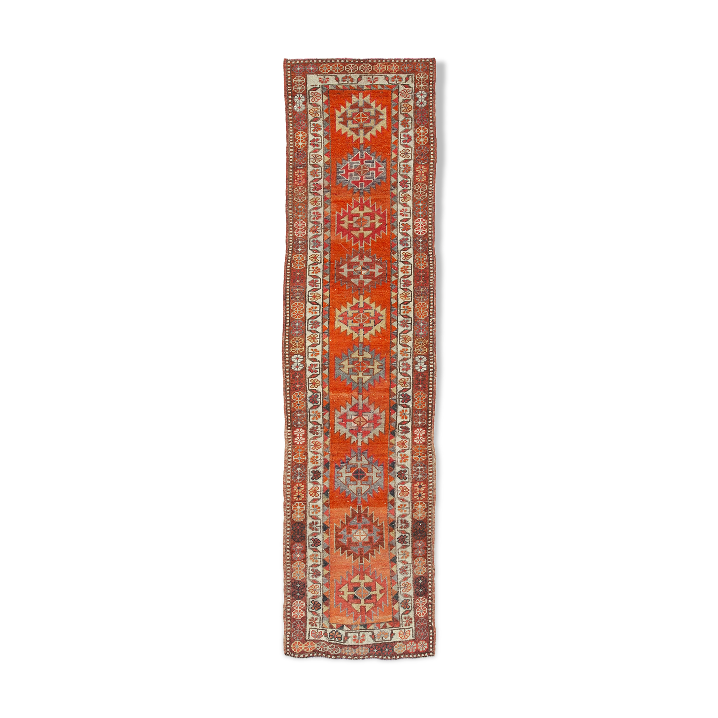 Handwoven rustic anatolian red runner carpet 93 cm x 374 cm