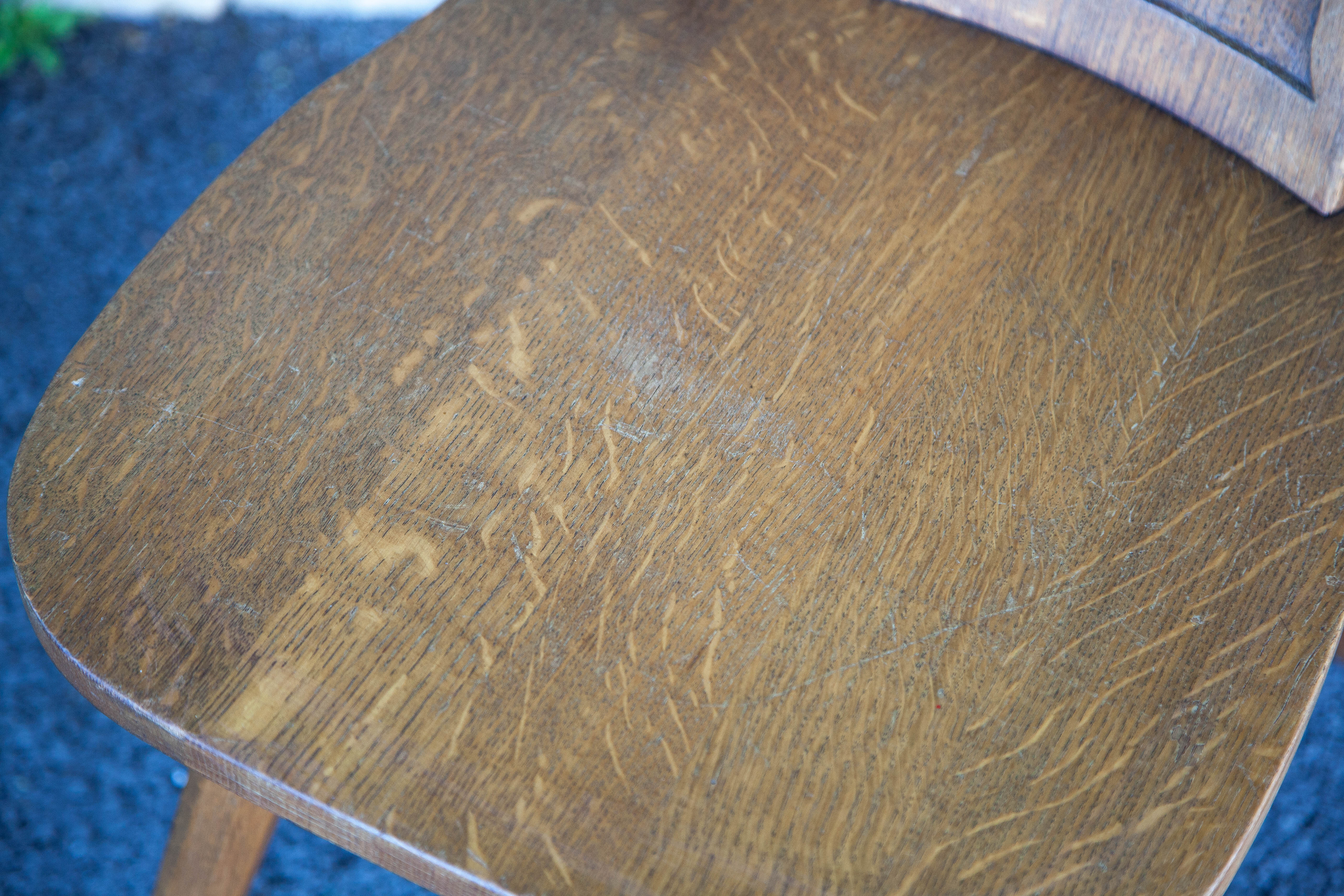 Set of 4 carved wooden stepladder chairs, pharmacy, brutalist, mountain style