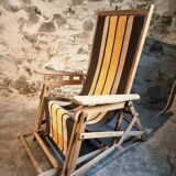 Vintage French folding lounge chair – 1950s/60s in beech with striped canvas, adjustable recliner