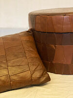 Leather patchwork foot stool and 2 pillows