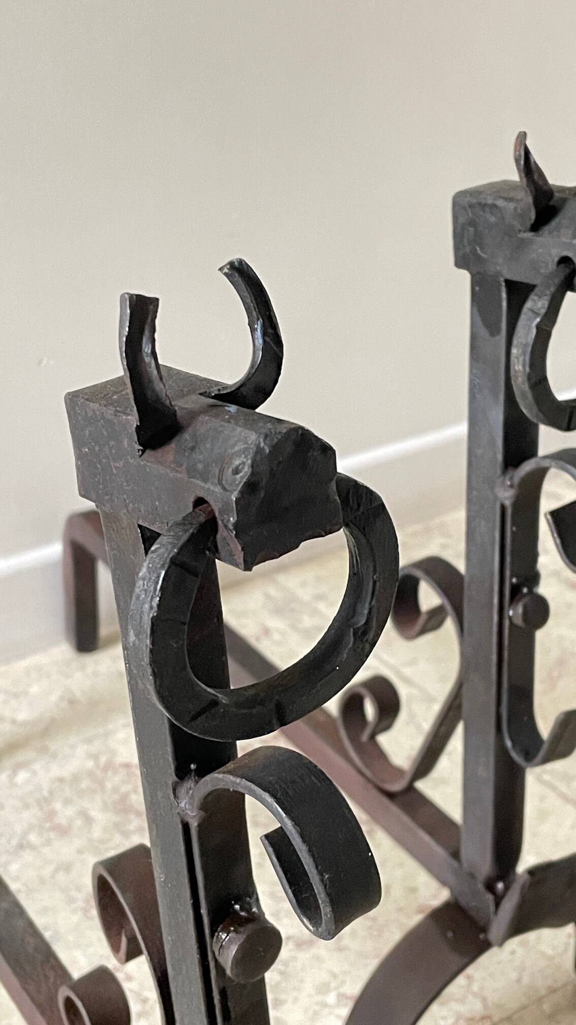 Pair of vintage steel brutalist andirons