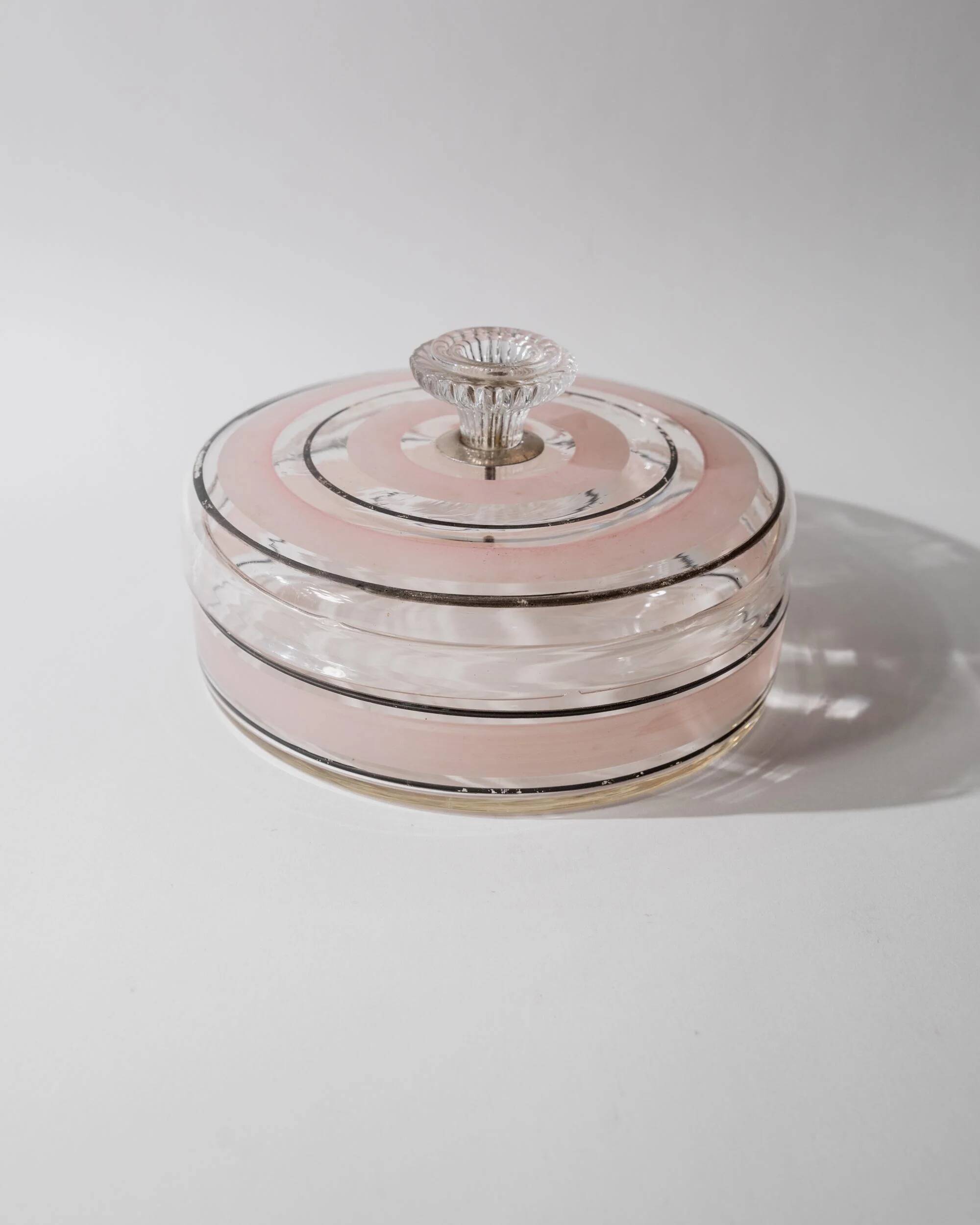 Vintage glass sweet jar from the 1960s, candy jar with a pink and black striped lid, Italian glass art.
