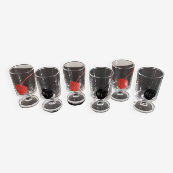 Lot de 6 verres liqueur Cavalier Luminarc transparents décor cerise années 70