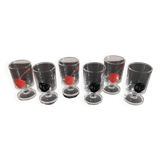 Lot de 6 verres liqueur Cavalier Luminarc transparents décor cerise années 70