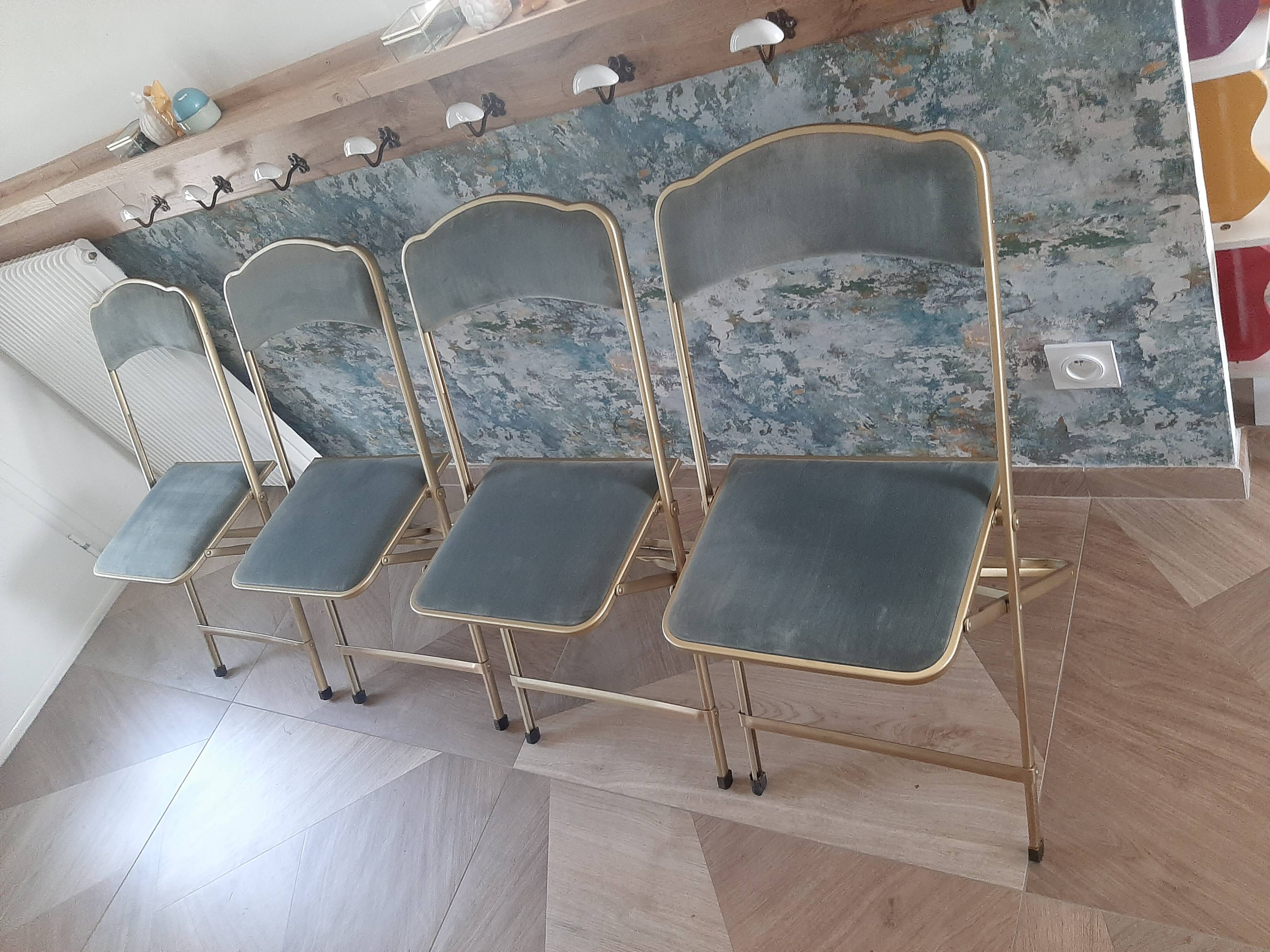 Lot de 4 chaises  pliantes - dossier et assise vert d'eau - structure métal doré -Chaisor