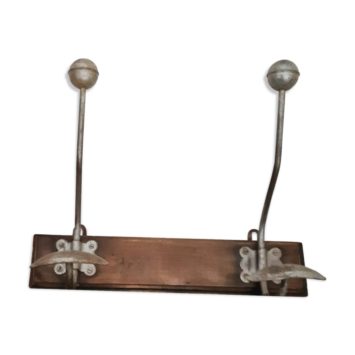 Coat rack in wood and iron 2 heads, vintage, 50s/60s, cloakroom, hook