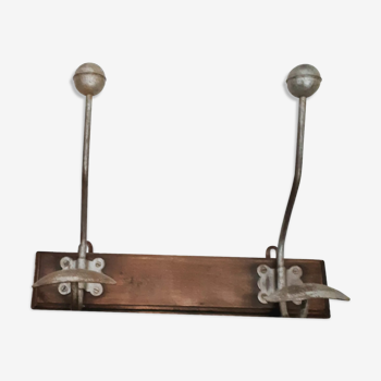 Coat rack in wood and iron 2 heads, vintage, 50s/60s, cloakroom, hook