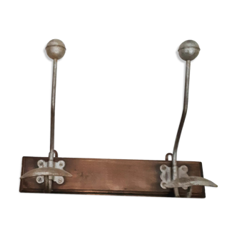 Coat rack in wood and iron 2 heads, vintage, 50s/60s, cloakroom, hook