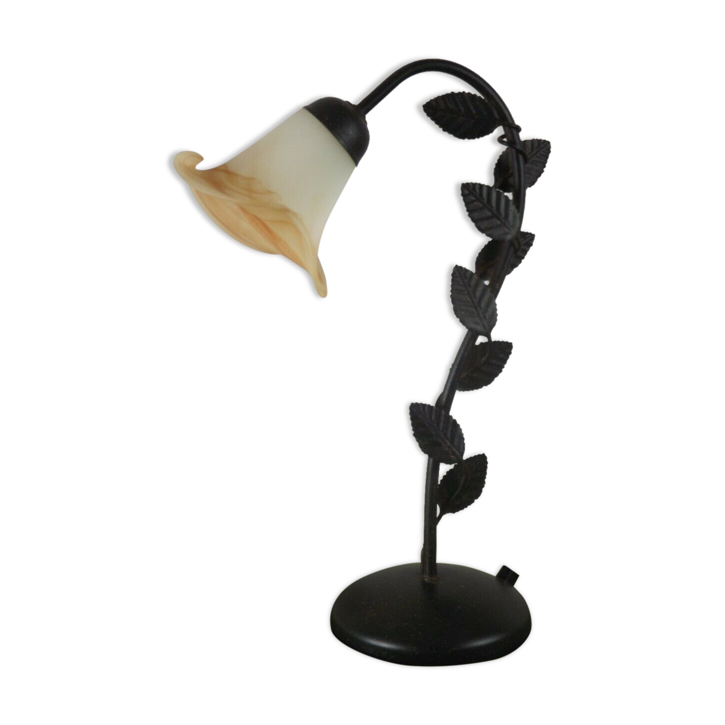 Vintage French Black Tole ware Table Lamp With Leaf Decoration Amber Shade 3059