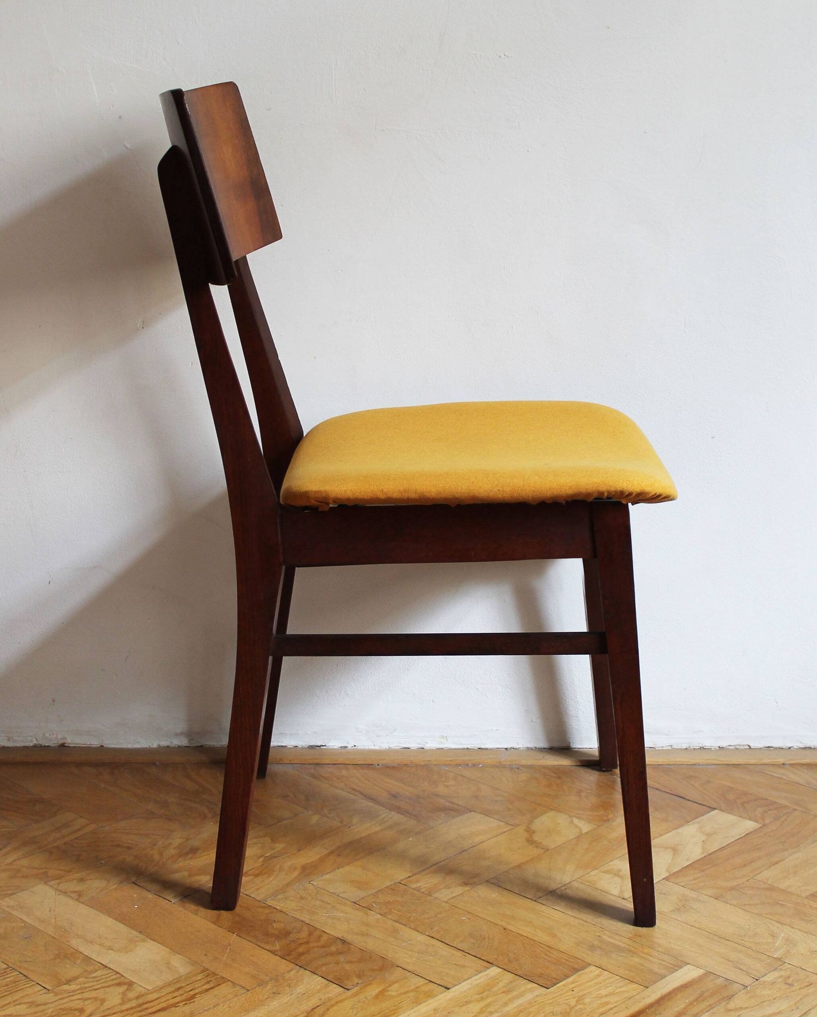 Vintage dining chair from the 1960s, Scandinavian style, wood and fabric.