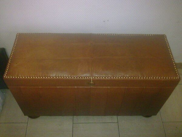 Malle, banc coffre en cuir marron
