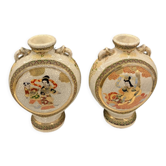Pair of Japanese earthenware gourd vases from Satsuma