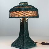 Green Art Deco rattan wicker mushroom "Eiffel" table lamp, 1950s