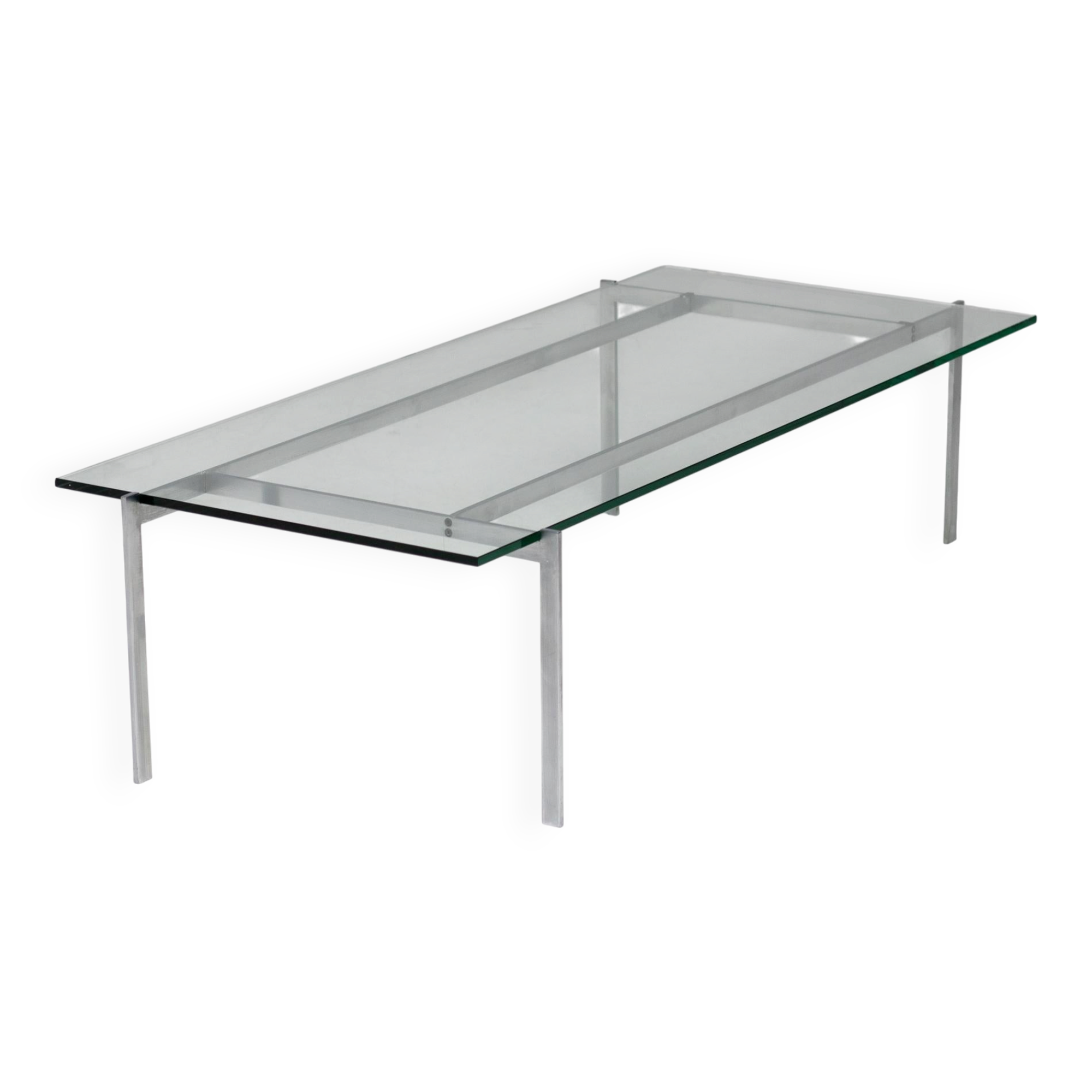 Architectural rectangular coffee table in steel and glass.