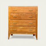 Vintage chest of drawers with tapered legs, solid raw oak, 1960.