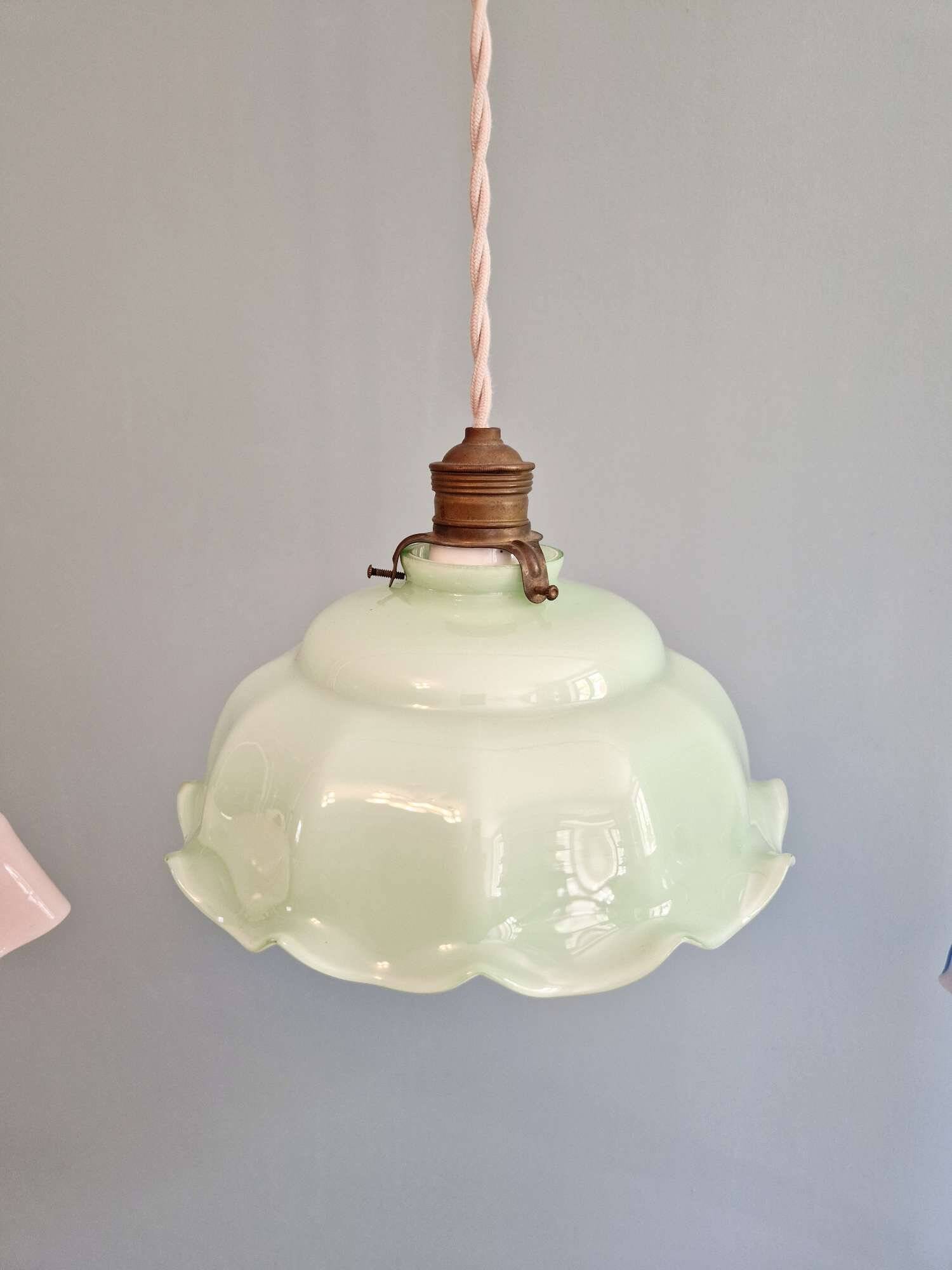 Trio of Art Deco pendant lights in scalloped opaline, 1920-30