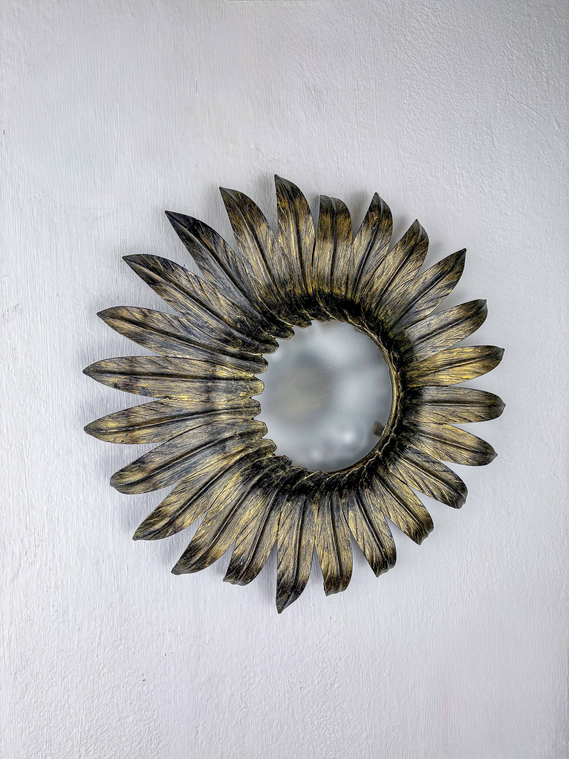 Spanish sunburst foliage ceiling light fixture in gilt iron, 1960s