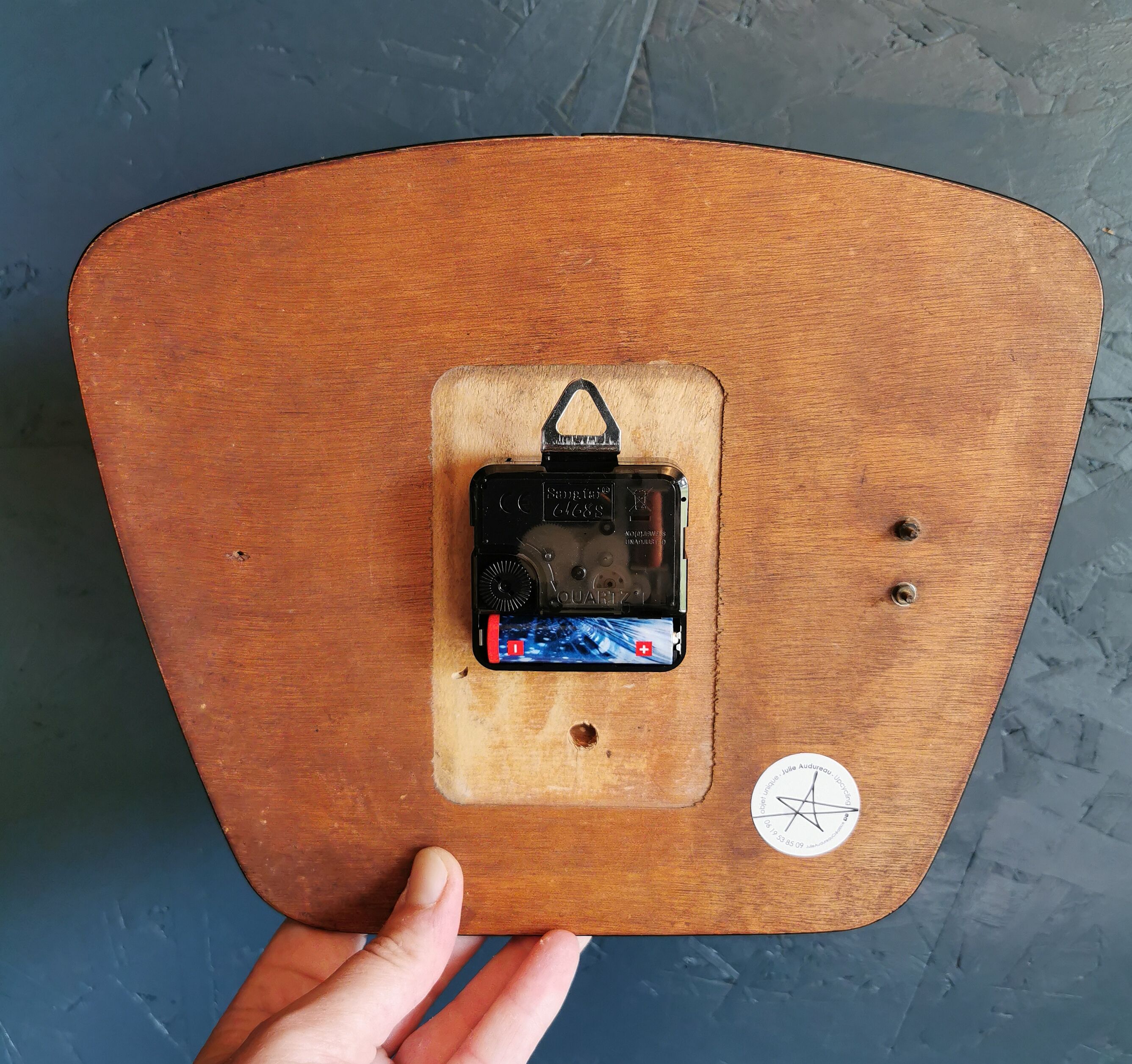 Vintage formica clock silent trapeze wall clock "Blue Jura"