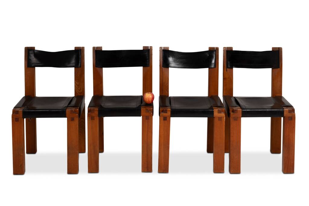 Pierre Chapo. Series of 8 "S11" chairs in elm and leather. 1960s-70s.