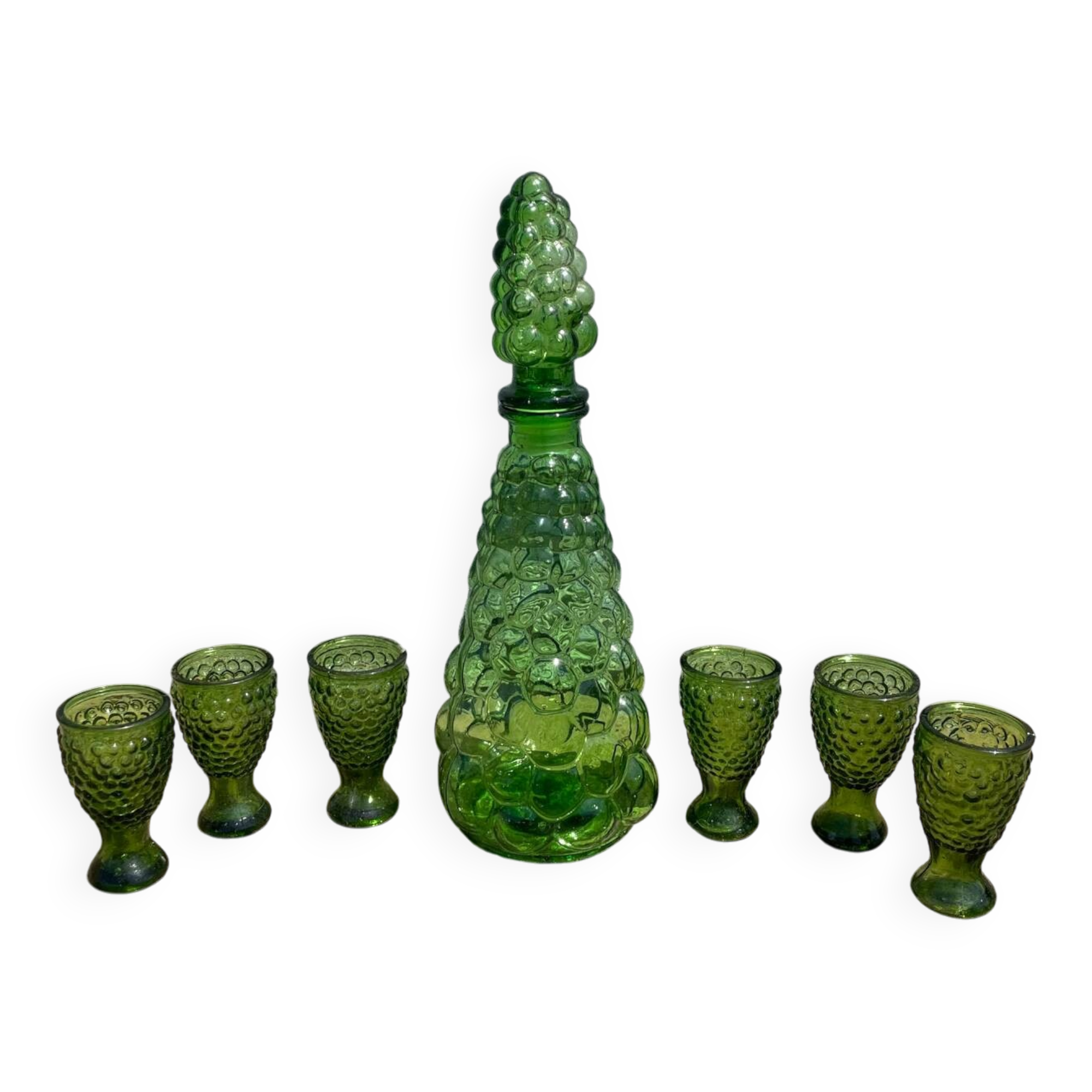 Liqueur service coloured glass empoli, vintage green carafe