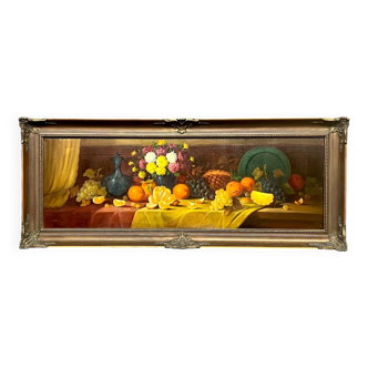 L.Maes. Still life with flowers and fruits. Large format.