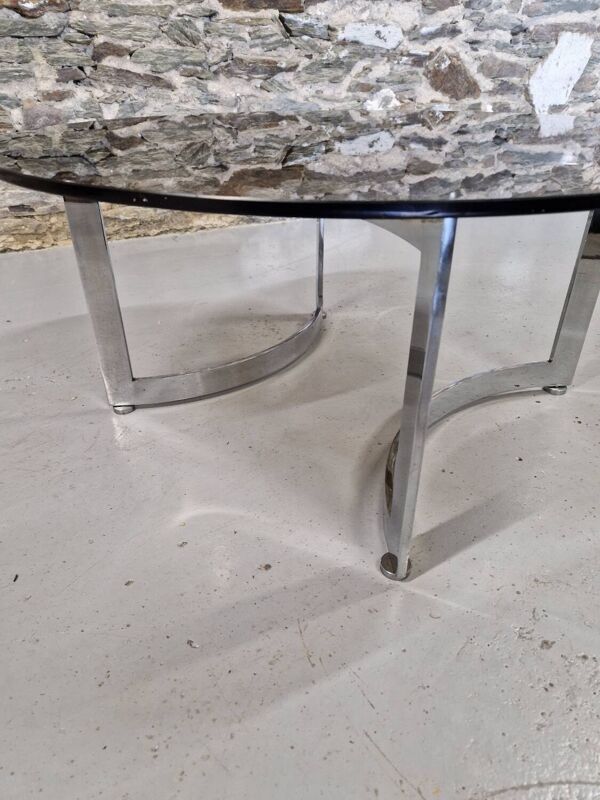 Table basse design Paul Legeard verre fumé et chrome