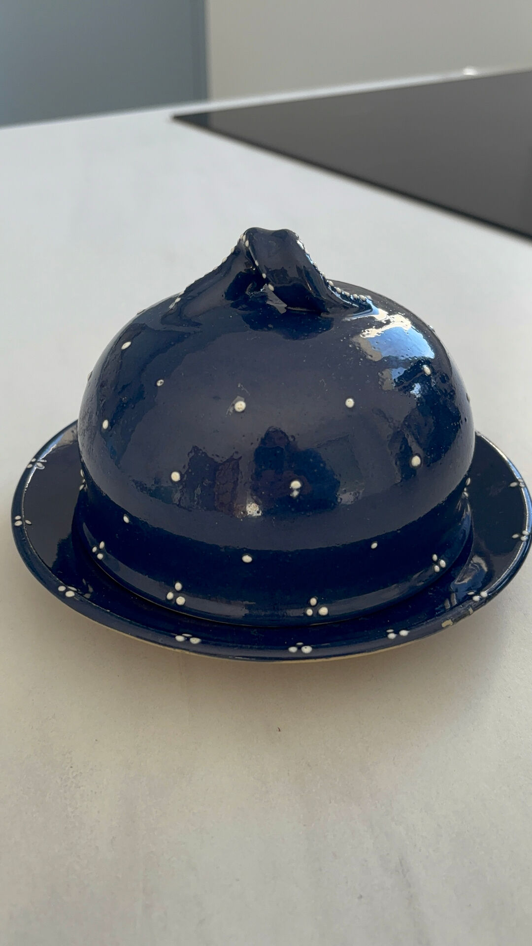 Vintage artisanal blue night ceramic butter dish in Alsatian style.