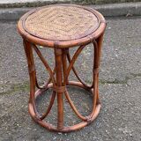 Vintage round stool in bamboo, rattan, and wicker.