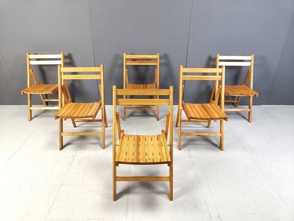 Chaises pliantes en bois du milieu du siècle, années 1950 - lot de 6