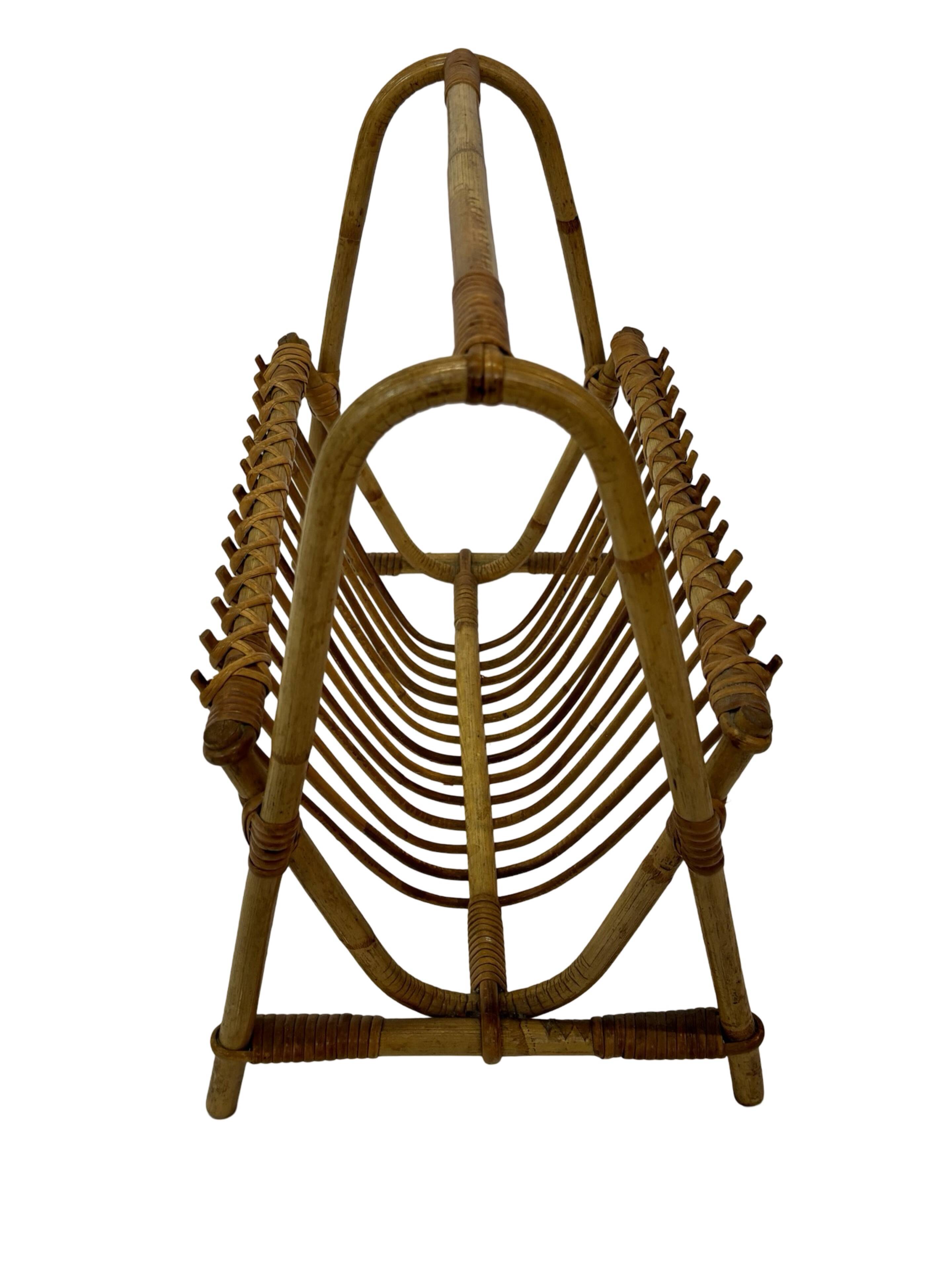 Vintage Rattan Magazine Basket Newspaper Rack 60s Rohe