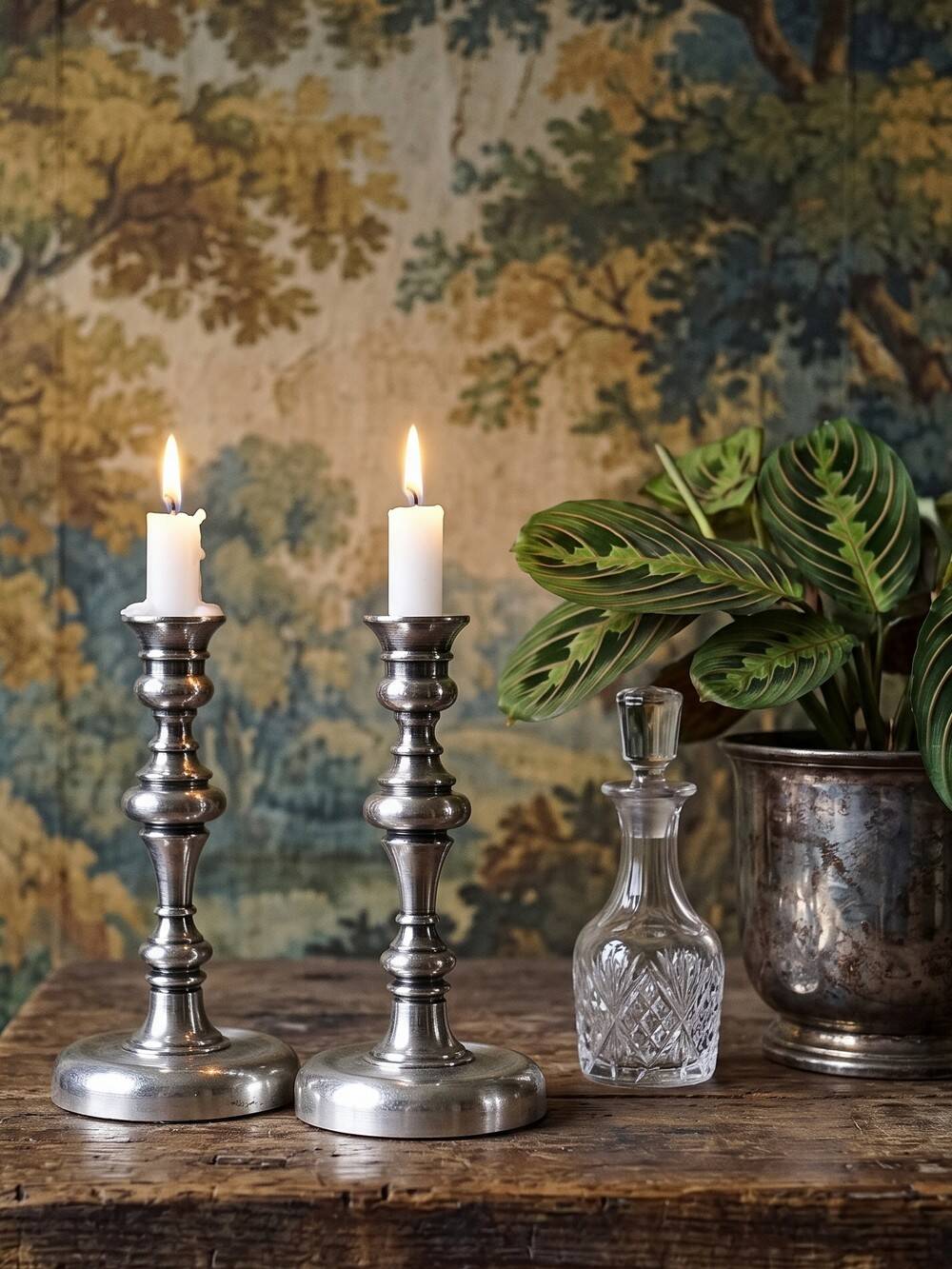 Pair of small antique silver-plated candlesticks, Georgian style.