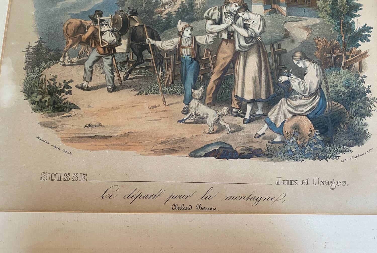 Grande gravure ancienne suisse « le départ pour la montagne »