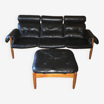 Eric Merthen leather sofa with matching ottoman, Sweden 1960s