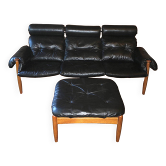 Eric Merthen leather sofa with matching ottoman, Sweden 1960s