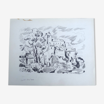 Saint-Cirq-Lapopie, dessin original à la pierre noire par Jean Villette (1913-2005)