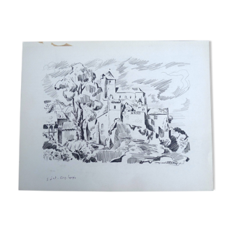 Saint-Cirq-Lapopie, dessin original à la pierre noire par Jean Villette (1913-2005)