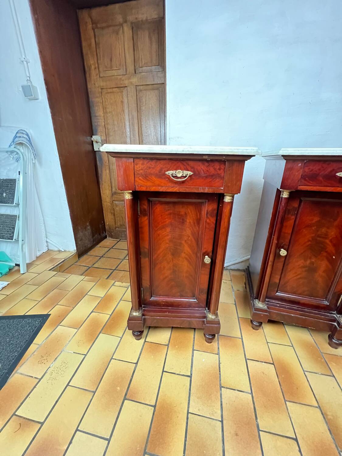 Pair of Napoleon III bedside tables in mahogany and marble