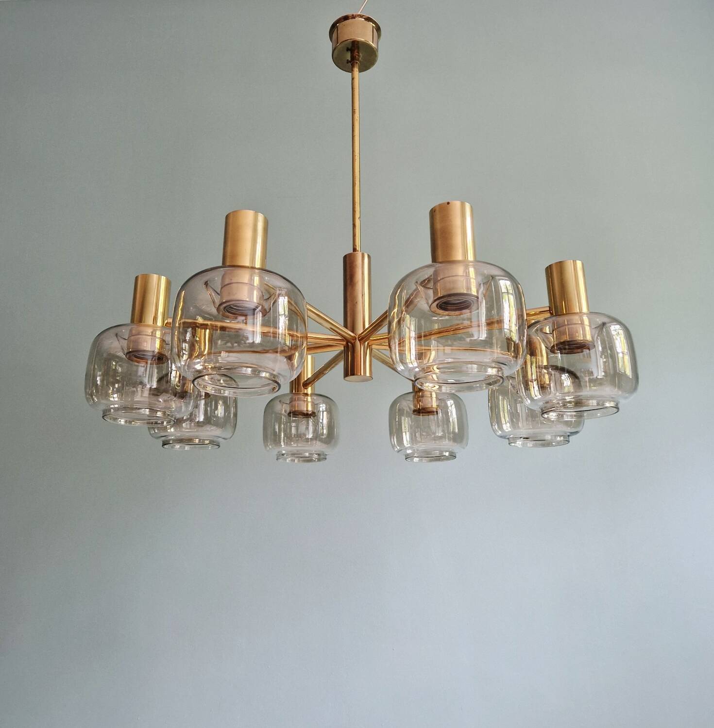 Large designer chandelier in brass and smoked glass globes, 1970s