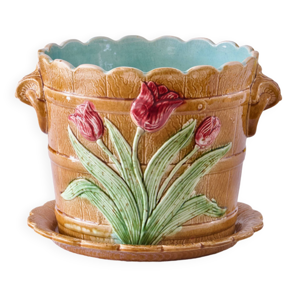Grand cache-pot en barbotine de Wasmuel Art Nouveau XIXe