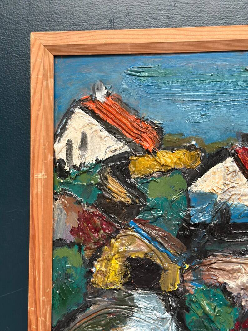 Original Swedish Oil on Panel – "Village Scene (Thick Impasto)" – Signed – Vintage and Framed