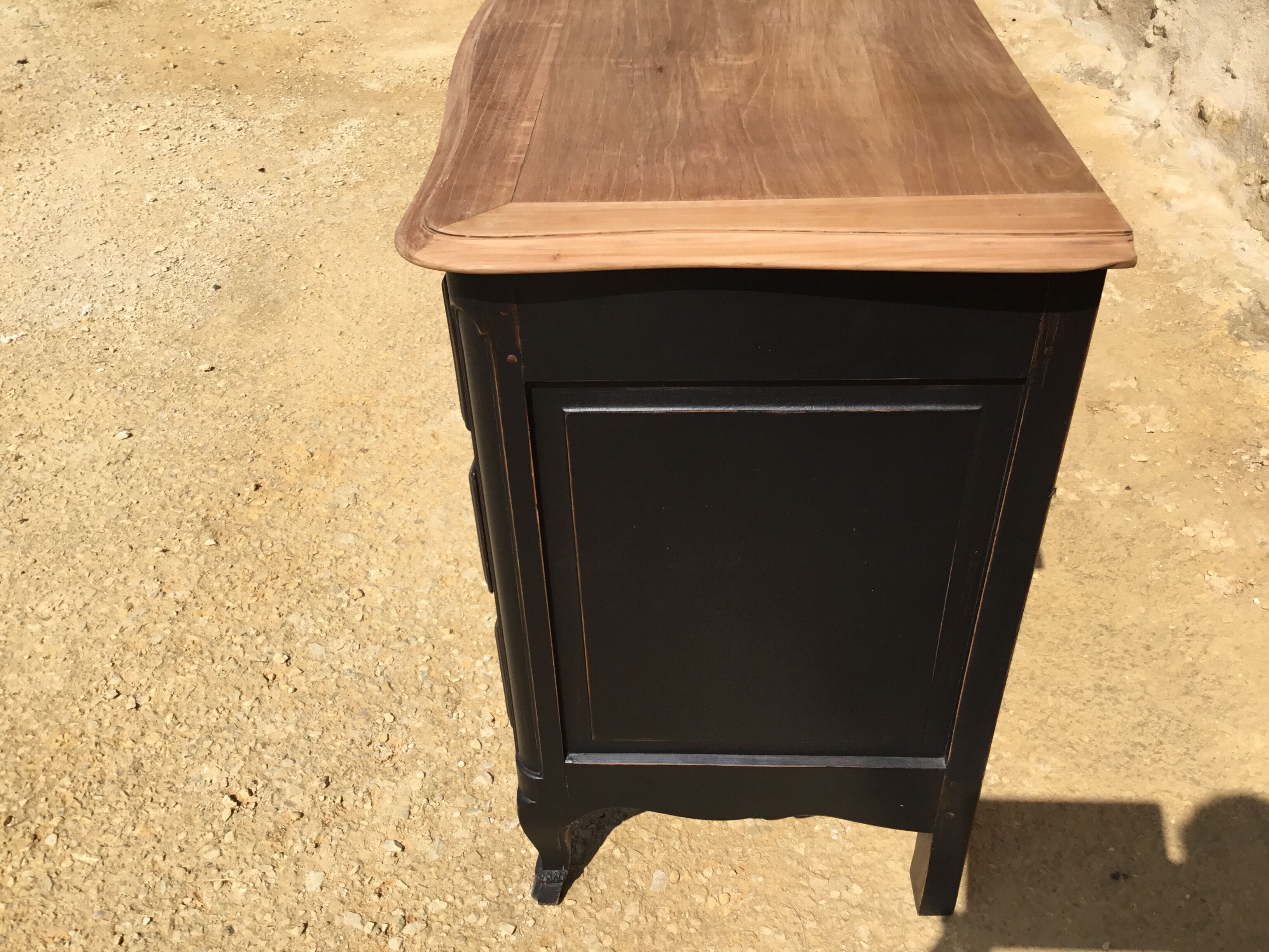 Louis XV style chest of drawers in cherry patinated in black top natural wood