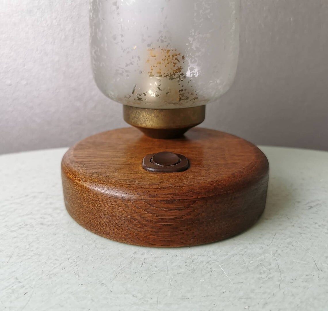 Wooden table lamp with 80s glass cap