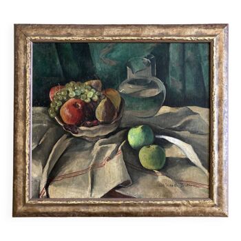 Huile sur toile nature morte aux pommes cubiste Antoinette Destrem vers 1920