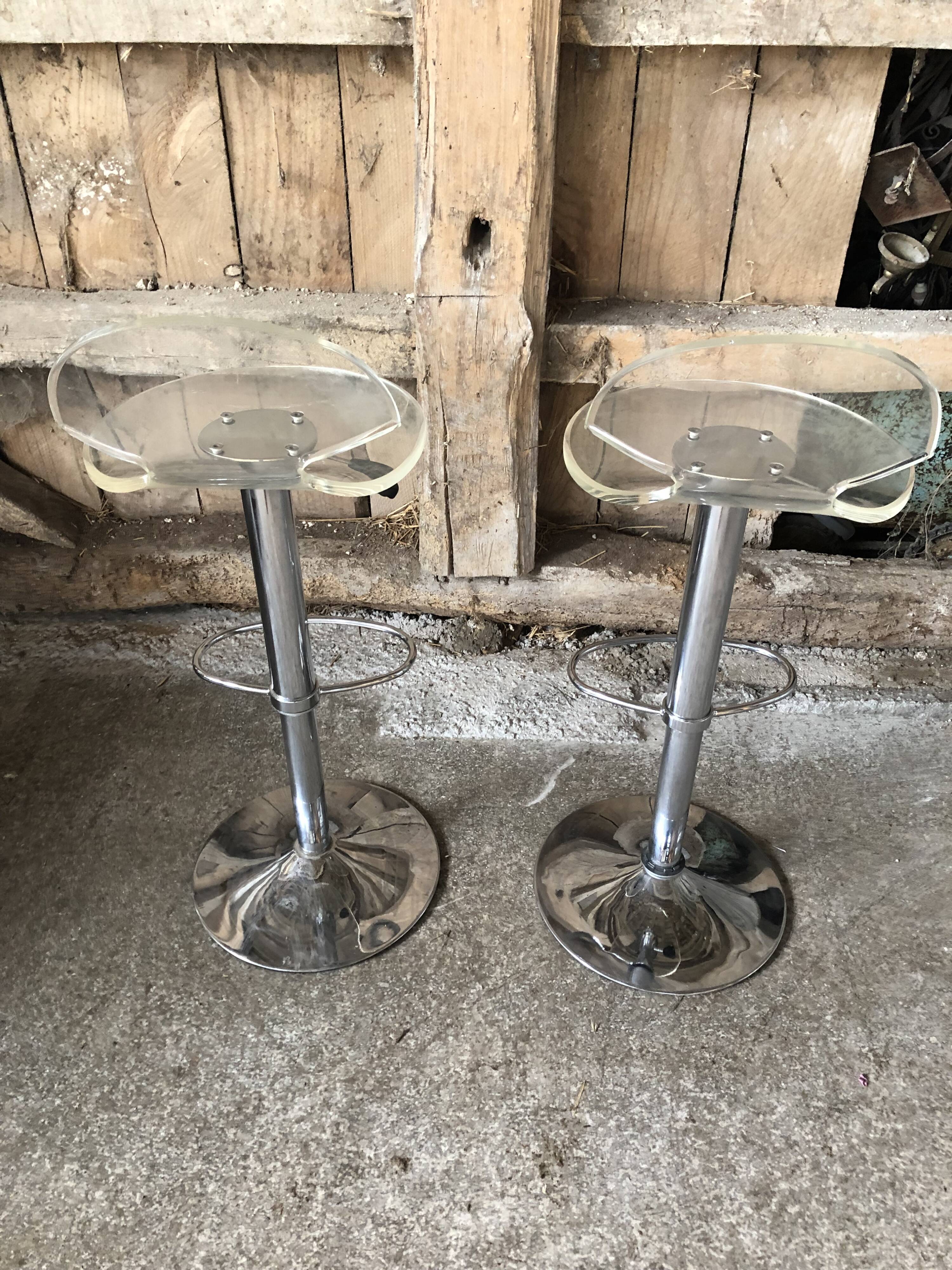 Pair Stool Foot Bar Tulip Metal Chrome + Seat Plexi Transparent Vintage